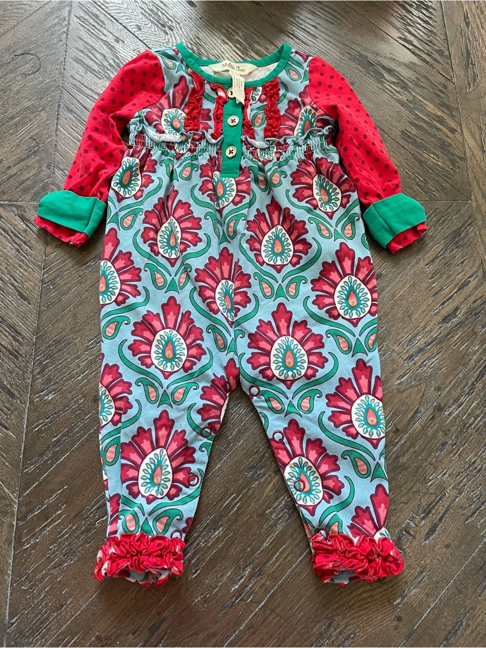 Matilda Jane Teal and Red Floral Ruffle Romper Size 3-6 Month